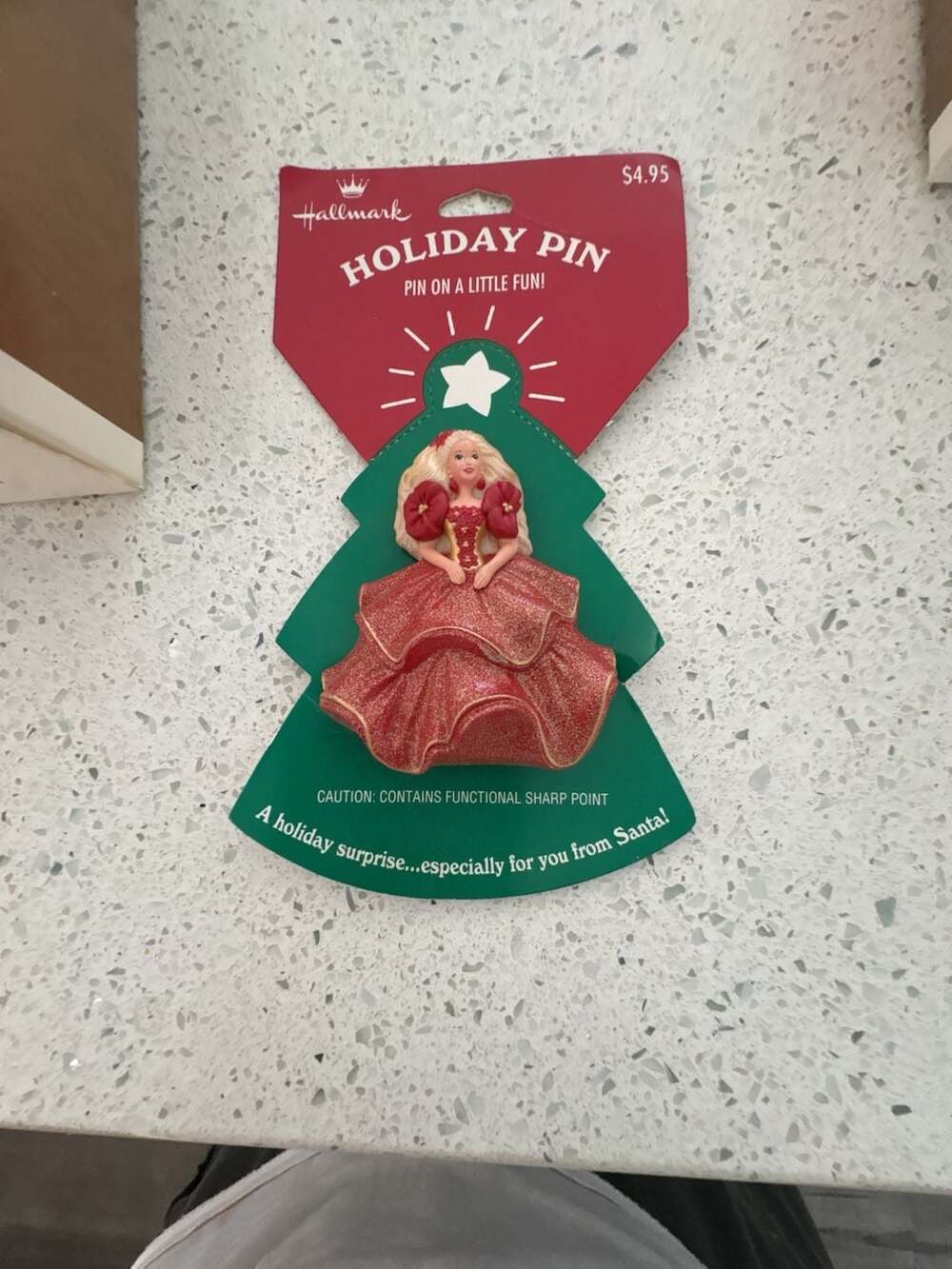 New Hallmark Vintage 1995 Barbie Holiday Pin Brooch Red Dress New on Card